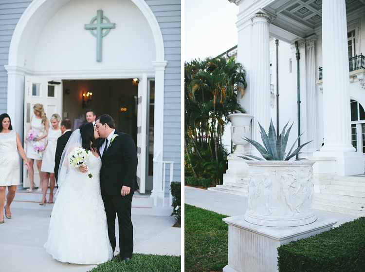 Bride and grrom kiss in front of Royal Poinciana Chapel